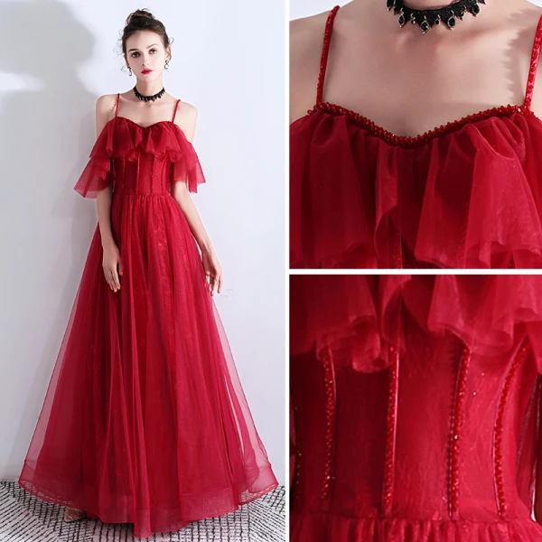 Chic / Beautiful Burgundy Evening Dresses 2019 A-Line / Princess Spaghetti Straps Beading Crystal Sleeveless Backless Floor-Length / Long Evening Party Formal Dresses