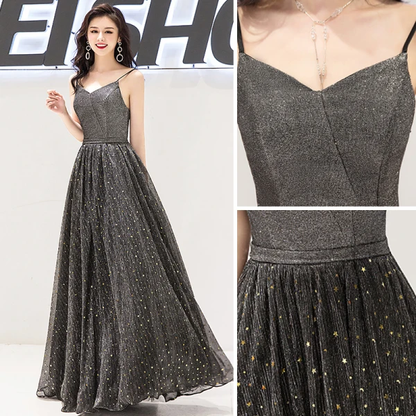 Charmant Noire Robe De Soirée 2019 Princesse Bretelles Spaghetti Étoile Paillettes Sans Manches Dos Nu Longue Robe De Ceremonie