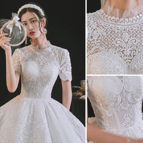 Élégant Haut de Gamme Ivoire Robe Boule Robe De Mariée 2021 Encolure Dégagée Perlage En Dentelle Fleur Manches Courtes Dos Nu Royal Train Mariage