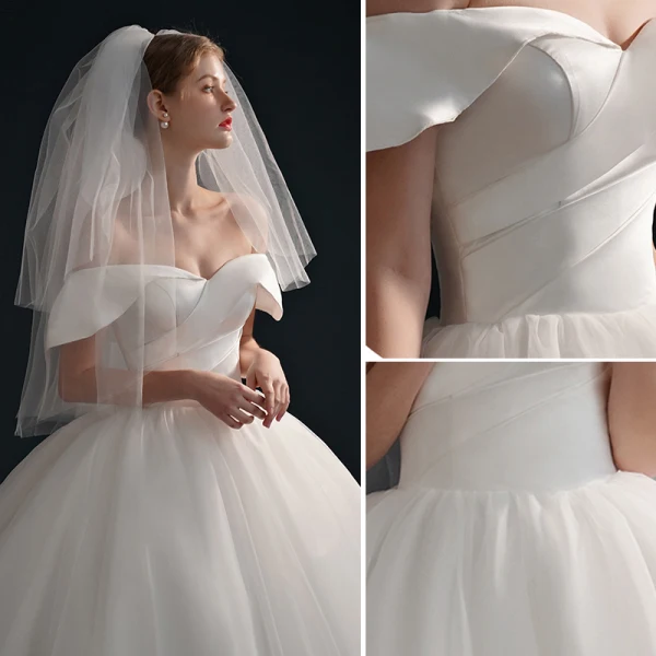 Modest / Simple High-end Ivory Ball Gown Satin Wedding Dresses 2021 Off-The-Shoulder Short Sleeve Backless Royal Train Wedding