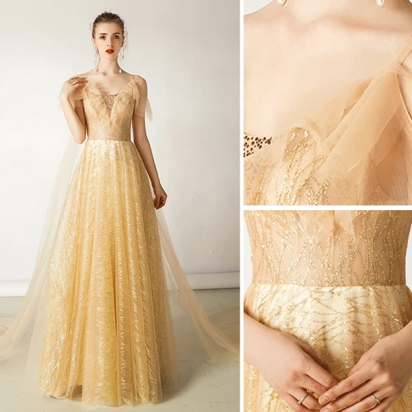 Charming Gold Evening Dresses 2019 A-Line / Princess V-Neck Glitter Sequins Sleeveless Backless Floor-Length / Long Formal Dresses