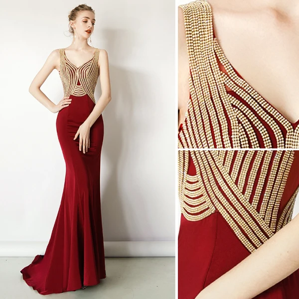 Chic / Beautiful Burgundy Evening Dresses 2019 Trumpet / Mermaid V-Neck Rhinestone Sleeveless Backless Sweep Train Formal Dresses