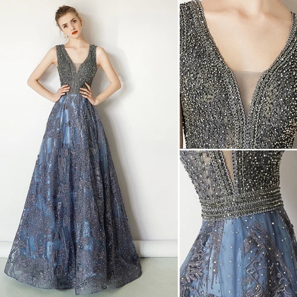 Luxury / Gorgeous Ocean Blue Handmade Beading Evening Dresses 2019 A-Line / Princess V-Neck Crystal Lace Flower Sleeveless Backless Sweep Train Formal Dresses