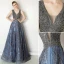 Luxury / Gorgeous Ocean Blue Handmade  Beading Evening Dresses  2019 A-Line / Princess V-Neck Crystal Lace Flower Sleeveless Backless Sweep Train Formal Dresses