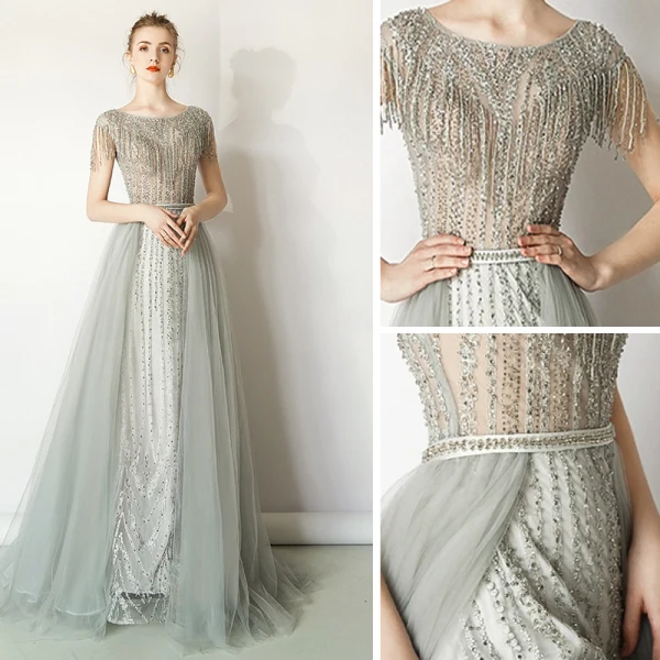 Luxury / Gorgeous Grey Evening Dresses 2019 A-Line / Princess Scoop Neck Handmade Beading Tassel Sequins Short Sleeve Sweep Train Formal Dresses