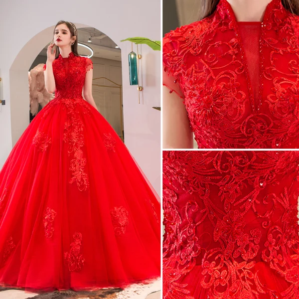 Chinese style Red Wedding Dresses 2019 Ball Gown High Neck Beading Crystal Lace Flower Sequins Short Sleeve Backless Cathedral Train