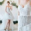 Chic Haute Basse Été Ivoire Plage Robe De Mariée 2019 Princesse Bretelles Spaghetti Perlage Paillettes Appliques En Dentelle Fleur Sans Manches Dos Nu Train De Balayage