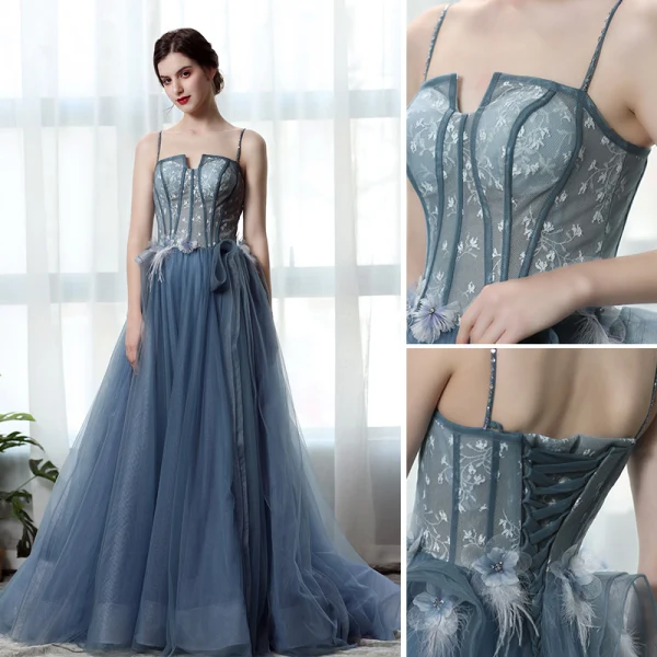 Chic Bleu Robe De Bal 2019 Princesse Bretelles Spaghetti Plumes En Dentelle Fleur Appliques Perle Sans Manches Dos Nu Train De Balayage Robe De Ceremonie