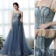 Chic Bleu Robe De Bal 2019 Princesse Bretelles Spaghetti Plumes En Dentelle Fleur Appliques Perle Sans Manches Dos Nu Train De Balayage Robe De Ceremonie