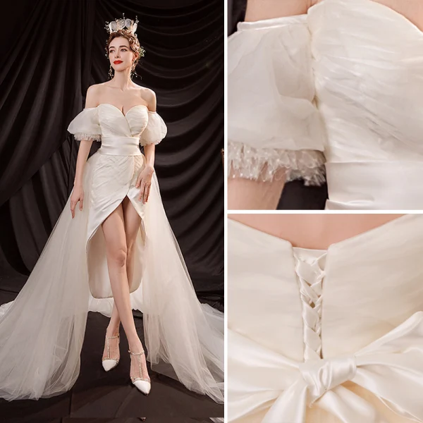 Sexy Hohes Niedriges Ivory / Creme Satin Strand Brautkleider / Hochzeitskleider 2021 Asymmetrisch Off Shoulder Kurze Ärmel Rückenfreies Schleife Hochzeit