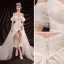 Sexy Hohes Niedriges Ivory / Creme Satin Strand Brautkleider / Hochzeitskleider 2021 Asymmetrisch Off Shoulder Kurze Ärmel Rückenfreies Schleife Hochzeit