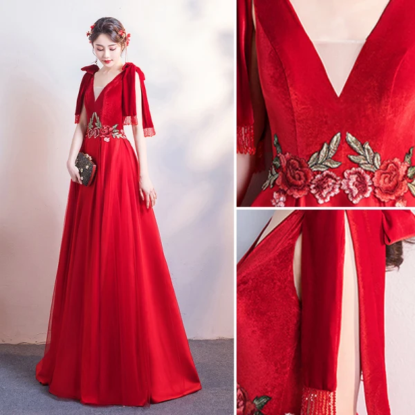 Chic / Beautiful Red Evening Dresses 2019 A-Line / Princess Suede V-Neck Lace Flower Sleeveless Backless Floor-Length / Long Formal Dresses