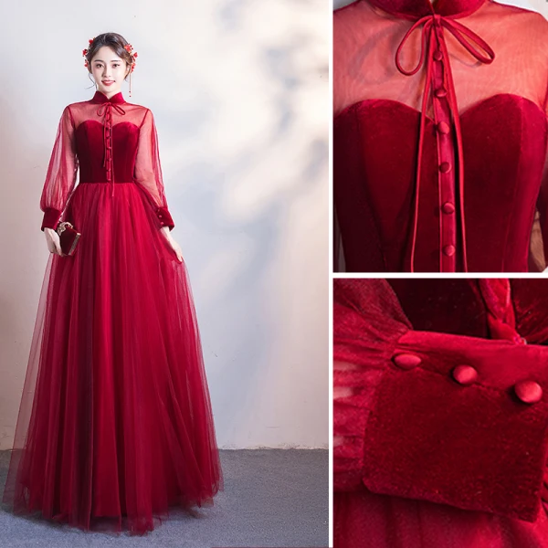 Chic / Beautiful Burgundy Evening Dresses 2019 A-Line / Princess High Neck Suede Bow Long Sleeve Backless Floor-Length / Long Formal Dresses