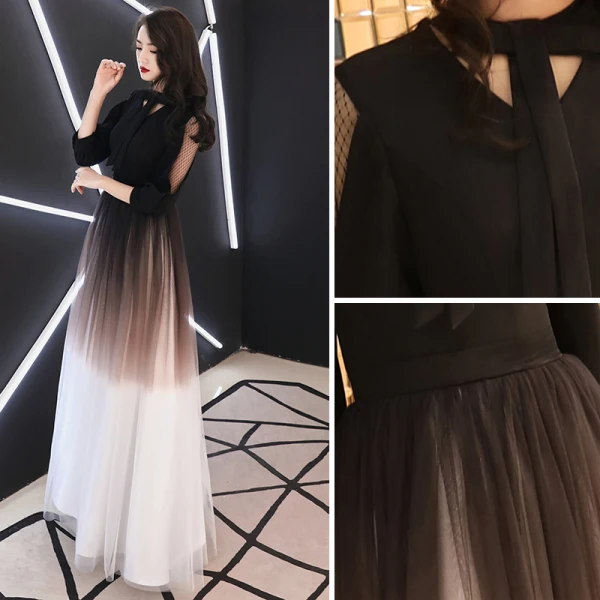 Chic / Beautiful Gradient-Color Evening Dresses  2019 A-Line / Princess Bow V-Neck 3/4 Sleeve Floor-Length / Long Formal Dresses