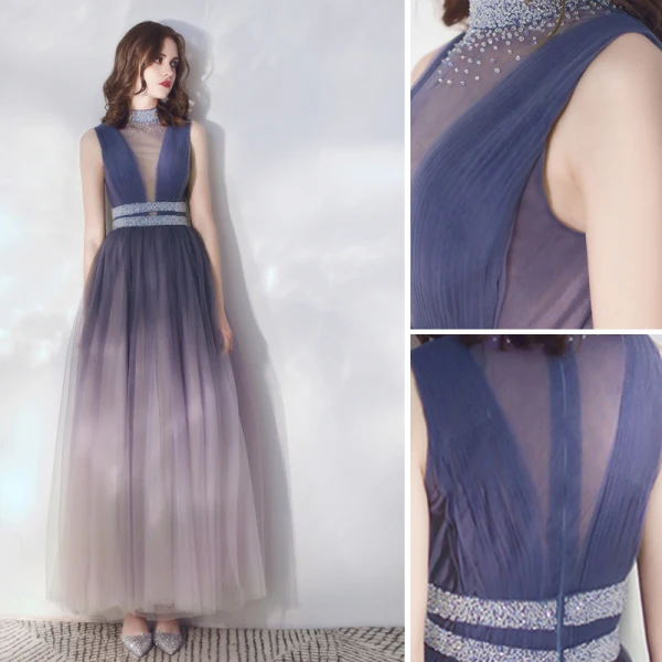 Classy Gradient-Color Evening Dresses  2019 A-Line / Princess Ruffle Sleeveless Rhinestone High Neck Floor-Length / Long Formal Dresses