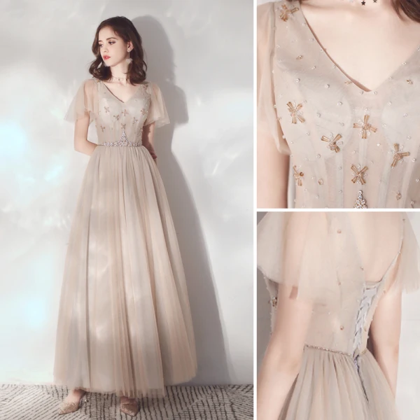 Élégant Champagne Robe De Soirée 2019 Princesse V-Cou Faux Diamant Cristal Manches Courtes Dos Nu Longue Robe De Ceremonie