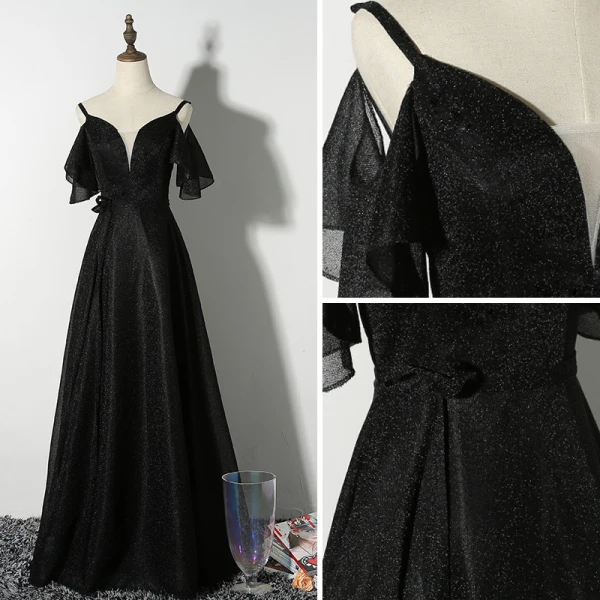 Chic / Beautiful Black Evening Dresses 2019 A-Line / Princess Spaghetti Straps Short Sleeve Backless Floor-Length / Long Formal Dresses