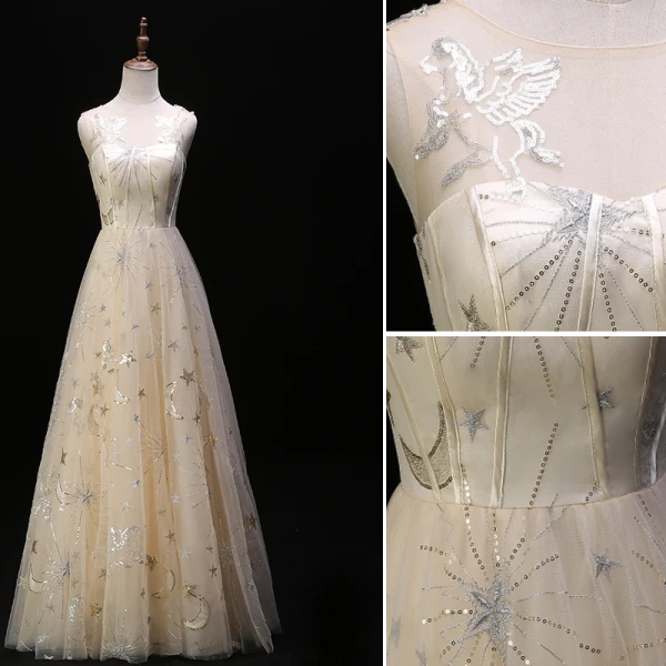 Modern / Fashion Champagne Evening Dresses  2019 A-Line / Princess Scoop Neck Lace Star Sequins Sleeveless Backless Floor-Length / Long Formal Dresses