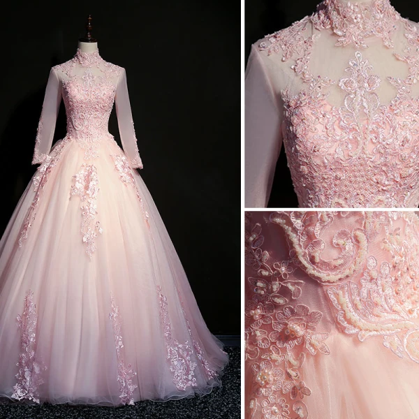 Elegant Blushing Pink Prom Dresses 2019 Ball Gown High Neck Beading Pearl Crystal Lace Flower Long Sleeve Backless Floor-Length / Long Formal Dresses