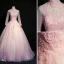 Elegant Blushing Pink Prom Dresses 2019 Ball Gown High Neck Beading Pearl Crystal Lace Flower Long Sleeve Backless Floor-Length / Long Formal Dresses