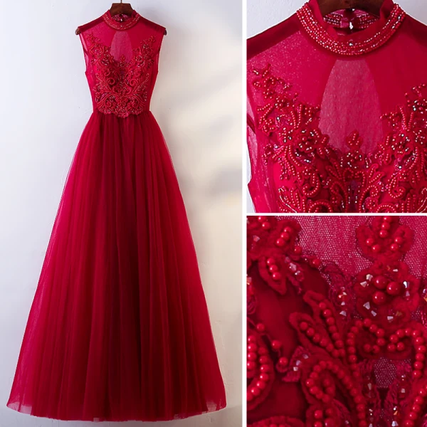 Chic / Beautiful Vintage / Retro Burgundy Evening Dresses 2019 A-Line / Princess High Neck Beading Crystal Sleeveless Backless Floor-Length / Long Formal Dresses