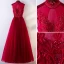 Chic / Beautiful Vintage / Retro Burgundy Evening Dresses  2019 A-Line / Princess High Neck Beading Crystal Sleeveless Backless Floor-Length / Long Formal Dresses