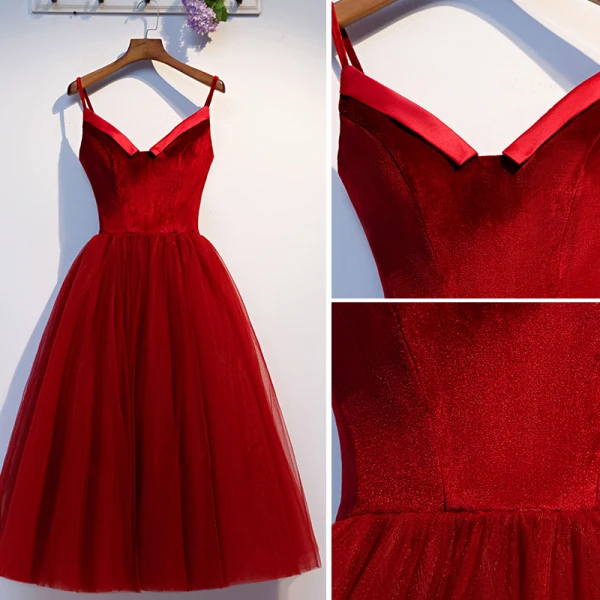 Chic / Belle Bordeaux Voyage de noces Robe De Graduation 2019 Princesse Bretelles Spaghetti Daim Sans Manches Dos Nu Courte Robe De Ceremonie
