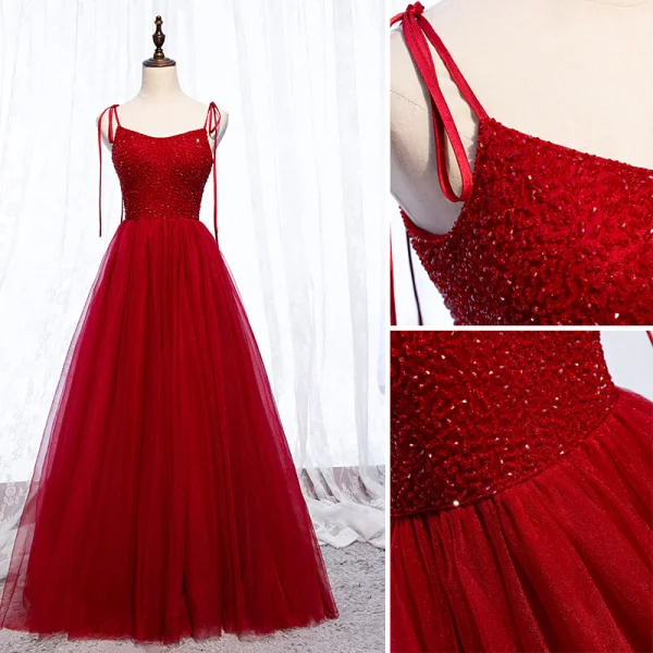 Chic / Belle Bordeaux Robe De Soirée 2019 Princesse Bretelles Spaghetti Noeud Perlage Cristal Sans Manches Dos Nu Longue Robe De Ceremonie