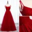 Chic / Belle Bordeaux Robe De Soirée 2019 Princesse Bretelles Spaghetti Noeud Perlage Cristal Sans Manches Dos Nu Longue Robe De Ceremonie