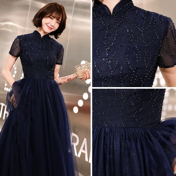 Style Chinois Bleu Marine Robe De Soirée 2019 Princesse Col Haut Perlage Cristal Manches Courtes Longue Robe De Ceremonie