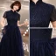 Style Chinois Bleu Marine Robe De Soirée 2019 Princesse Col Haut Perlage Cristal Manches Courtes Longue Robe De Ceremonie