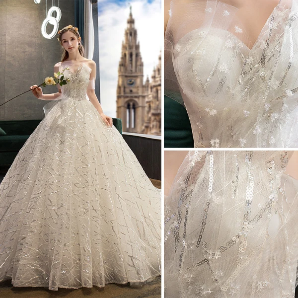 Stijlvolle Ivoor Trouwjurken 2019 A lijn Strapless Kant Ster Pailletten Mouwloos Ruglooze Royal Train