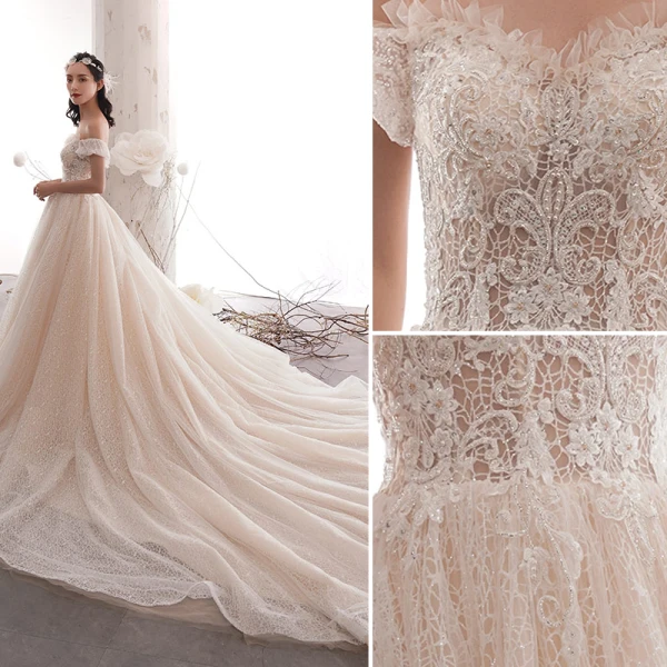 Chic Champagne Robe De Mariée 2019 Princesse De l'épaule Perlage Perle En Dentelle Fleur Manches Courtes Dos Nu Cathedral Train