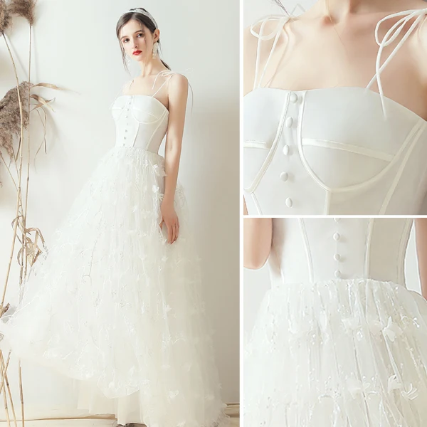 Simple Ivoire Robe De Mariée 2019 Princesse Noeud Bretelles Spaghetti Appliques Sans Manches Dos Nu Longue