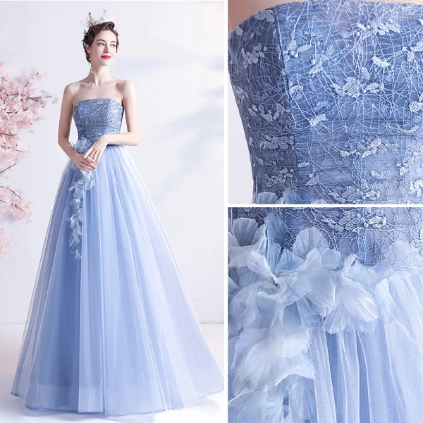 Modern / Fashion Sky Blue Lace Flower Prom Dresses Backless 2021 A-Line / Princess Strapless Sleeveless Floor-Length / Long Formal Dresses