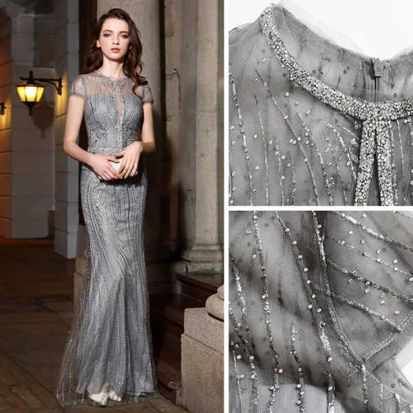 Classy Silver Evening Dresses 2019 Trumpet / Mermaid Scoop Neck Handmade Beading Rhinestone Lace Short Sleeve Floor-Length / Long Formal Dresses