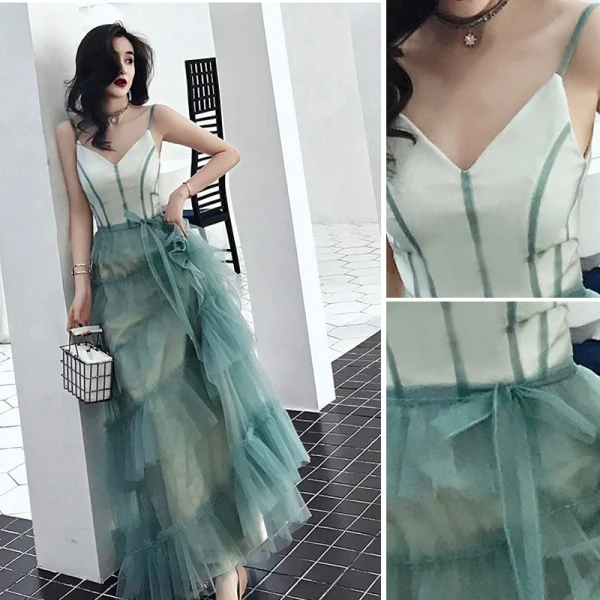 Modern / Fashion Gradient-Color Evening Dresses 2019 A-Line / Princess Spaghetti Straps Bow Sleeveless Backless Floor-Length / Long Formal Dresses