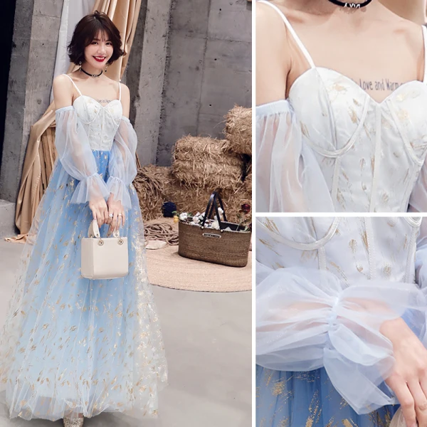 Modern / Fashion Sky Blue Evening Dresses 2019 A-Line / Princess Spaghetti Straps Sequins Long Sleeve Backless Floor-Length / Long Formal Dresses