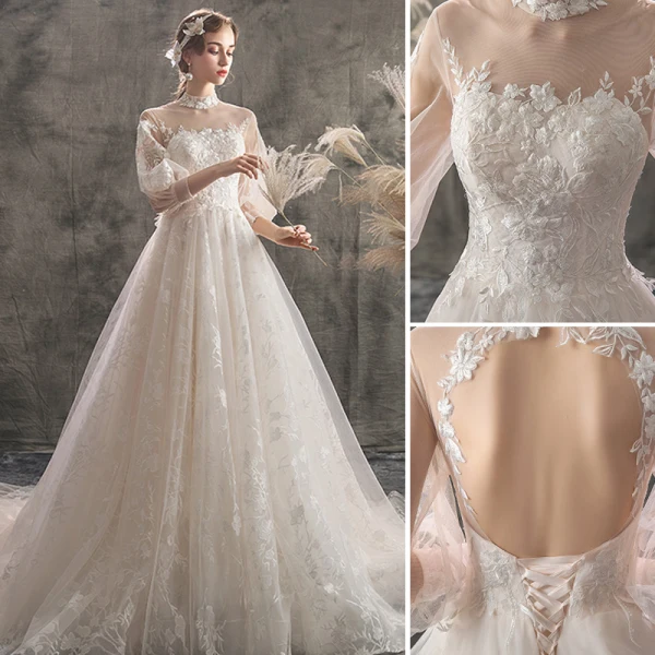 Élégant Ivoire Robe De Mariée 2019 Princesse Col Haut En Dentelle Fleur 3/4 Manches Dos Nu Chapel Train