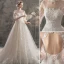 Élégant Ivoire Robe De Mariée 2019 Princesse Col Haut En Dentelle Fleur 3/4 Manches Dos Nu Chapel Train
