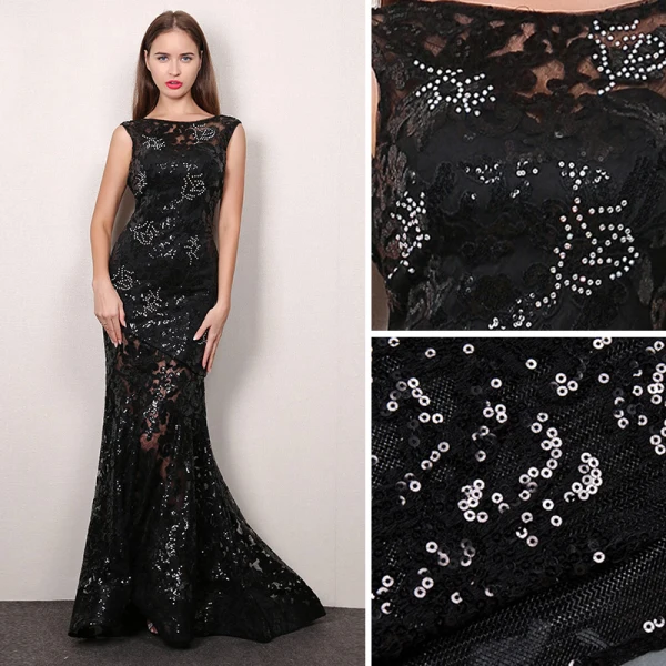 Sexy Noire Robe De Soirée 2019 Trompette / Sirène Encolure Dégagée Paillettes Faux Diamant En Dentelle Fleur Sans Manches Dos Nu Train De Balayage Robe De Ceremonie
