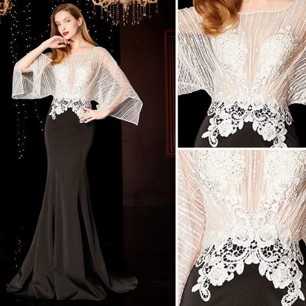Luxury / Gorgeous Black Evening Dresses 2019 Trumpet / Mermaid Scoop Neck Beading Lace Flower Long Sleeve Backless Sweep Train Formal Dresses