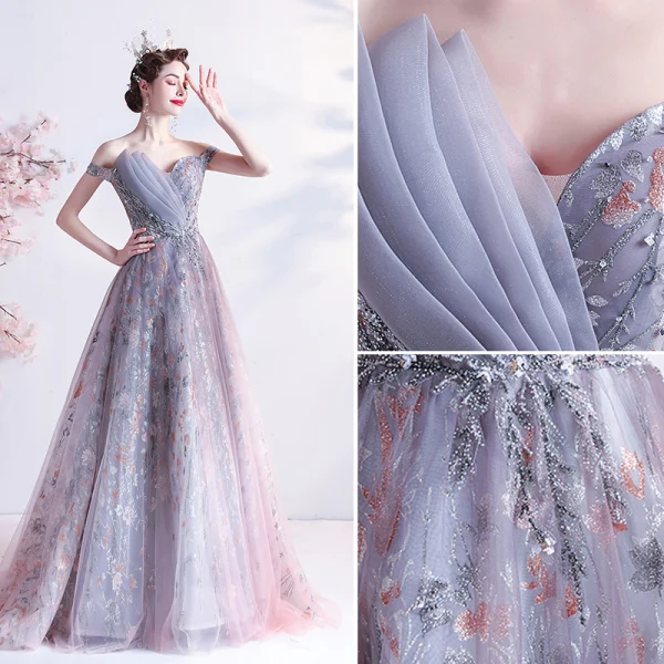 Elegant Champagne Wedding Dresses 2018 Ball Gown Lace Flower Off-The-Shoulder Backless Sleeveless Floor-Length / Long Wedding