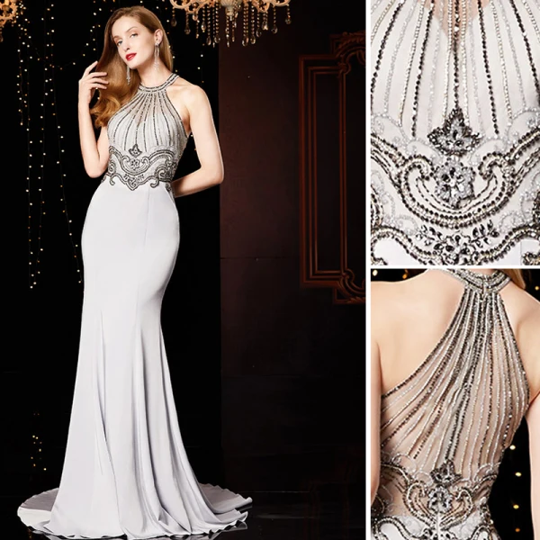 Luxus / Herrlich Silber Abendkleider 2019 Meerjungfrau Neckholder Perlenstickerei Kristall Strass Pailletten Ärmellos Sweep / Pinsel Zug Festliche Kleider