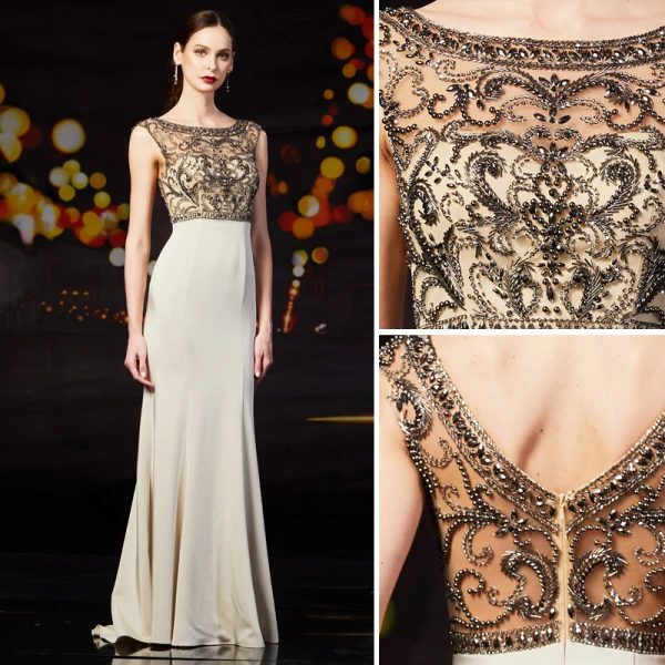Classy Champagne Evening Dresses  2019 A-Line / Princess Scoop Neck Beading Rhinestone Pearl Sleeveless Backless Floor-Length / Long Formal Dresses