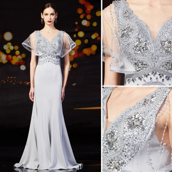 Luxe Bordeaux Robe De Soirée 2019 Princesse V-Cou Perlage Faux Diamant Cristal Perle Paillettes Manches Courtes Dos Nu Train De Balayage Robe De Ceremonie