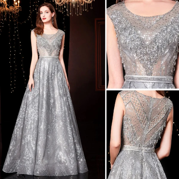 Luxury / Gorgeous Silver Evening Dresses  2019 A-Line / Princess Scoop Neck Lace Sequins Sleeveless Backless Floor-Length / Long Formal Dresses