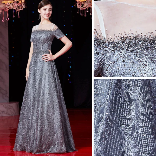 Luxury / Gorgeous Grey Evening Dresses  2019 A-Line / Princess Scoop Neck Beading Rhinestone Lace Flower Short Sleeve Floor-Length / Long Formal Dresses