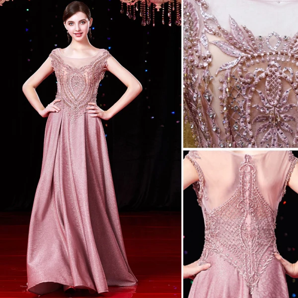 Luxury / Gorgeous Candy Pink Evening Dresses  2019 A-Line / Princess Scoop Neck Beading Tassel Pearl Lace Flower Crystal Cap Sleeves Floor-Length / Long Formal Dresses