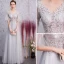 Elegant Silver Evening Dresses  2019 A-Line / Princess V-Neck Rhinestone Lace Flower 1/2 Sleeves Backless Floor-Length / Long Formal Dresses